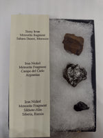 3 meteorites in Riker Mount Display
